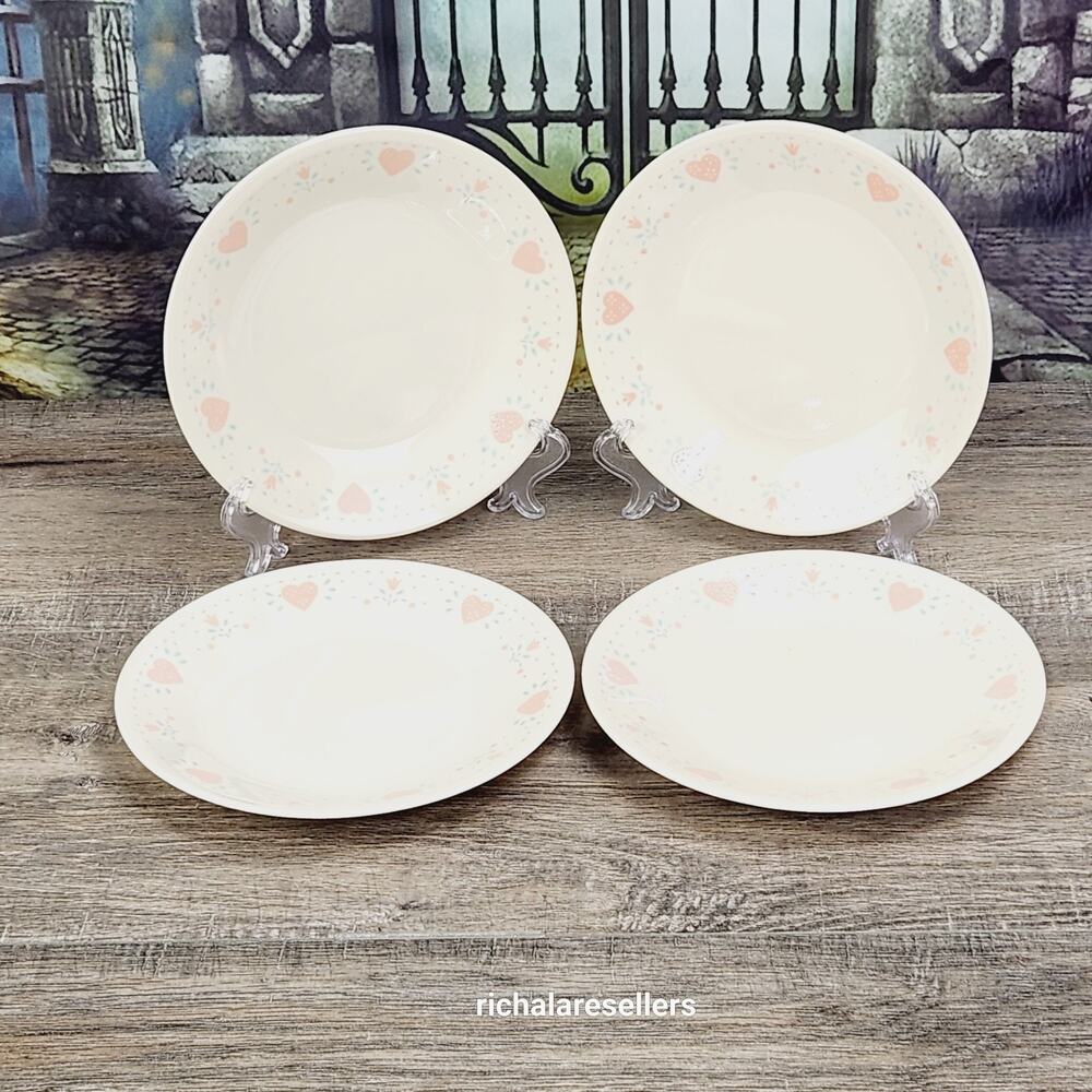 Corelle Forever Yours 6.75" Bread Butter Plates Lot of 4 Corning Hearts Vintage